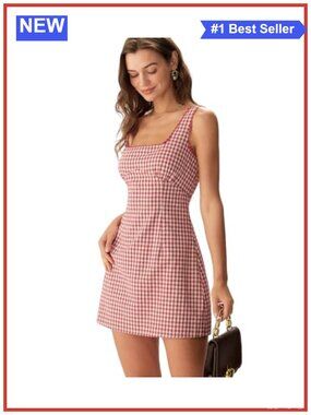 100% Cotton Gingham Mini Dress Square Neck Sleeveless Summer